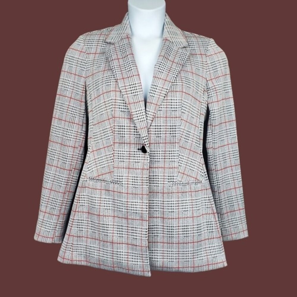 Calvin Klein Womens Black White Red Glen Plaid Single Button Blazer Size M NWOT